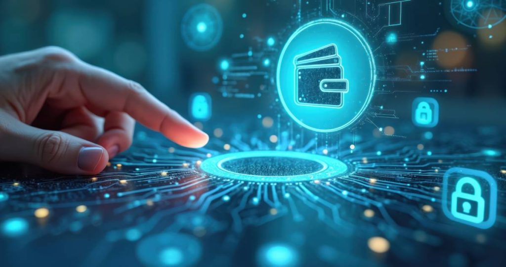 Imagen conceptual de tecnología financiera con una mano interactuando con una interfaz digital azul que muestra iconos de carteras (wallets) y candados de seguridad, representando los cambios en el reglamento eIDAS