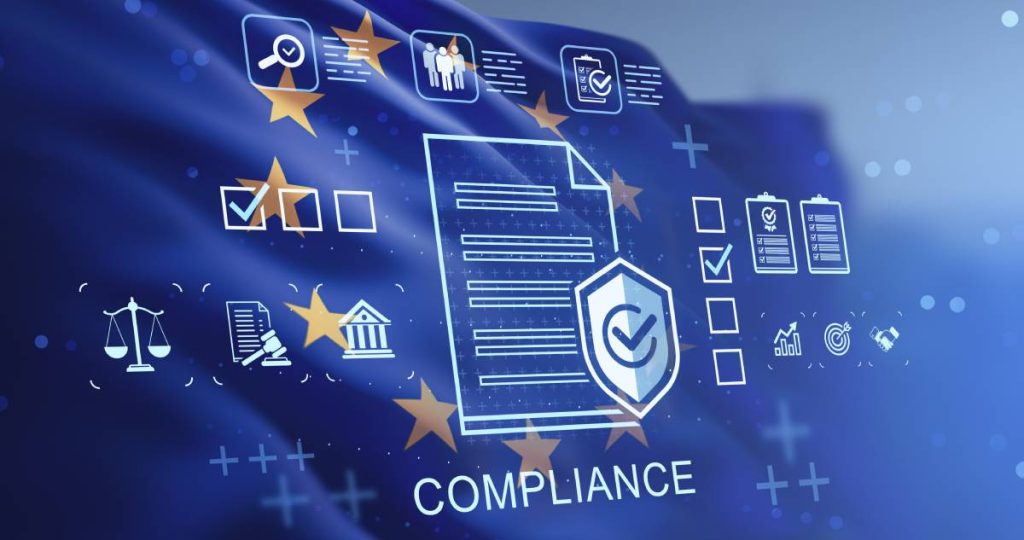 Imagen conceptual de cumplimiento de la normativa europea sobre un fondo de la bandera de la UE, con iconos de control de documentos, seguridad jurídica y el texto "COMPLIANCE"