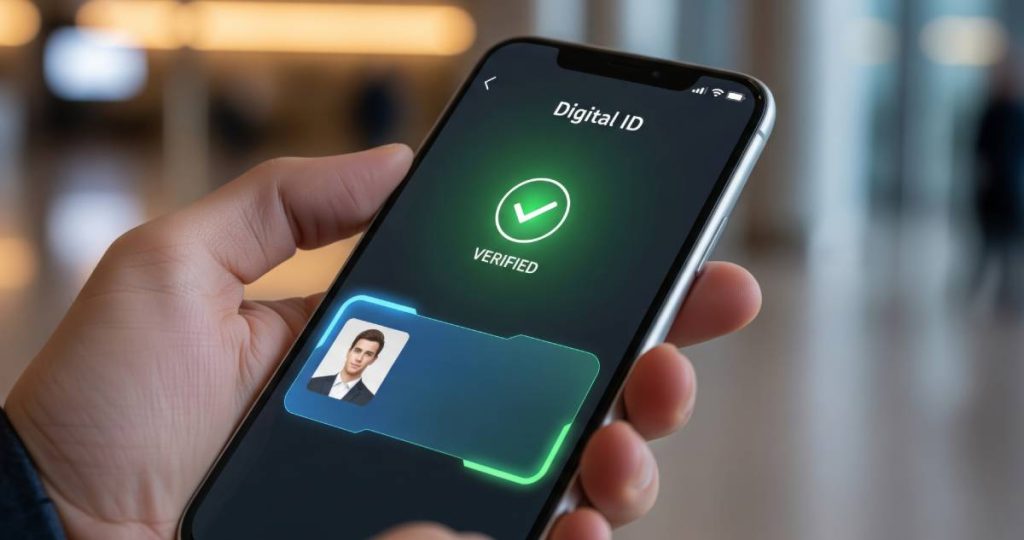Mano sosteniendo un smartphone que muestra una aplicación de identidad digital con el mensaje "Verified" y un check verde