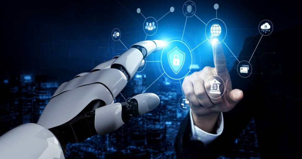 Una mano de robot y una mano humana tocan una red de seguridad digital